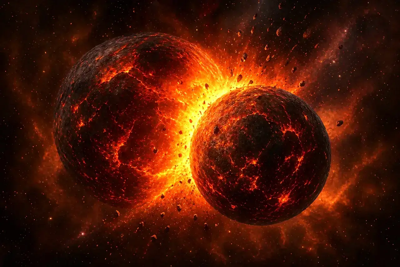 Colisión de protoplanetas durante la formación de la tierra con liberación de energía y material en el espacio