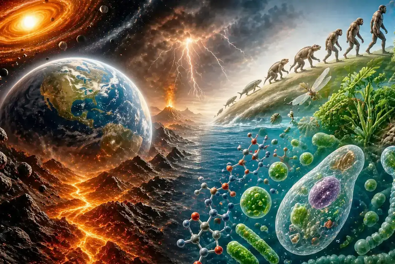 Ilustración del origen de la vida en la Tierra mostrando química prebiótica, formación de moléculas orgánicas, microorganismos y evolución hasta organismos complejos