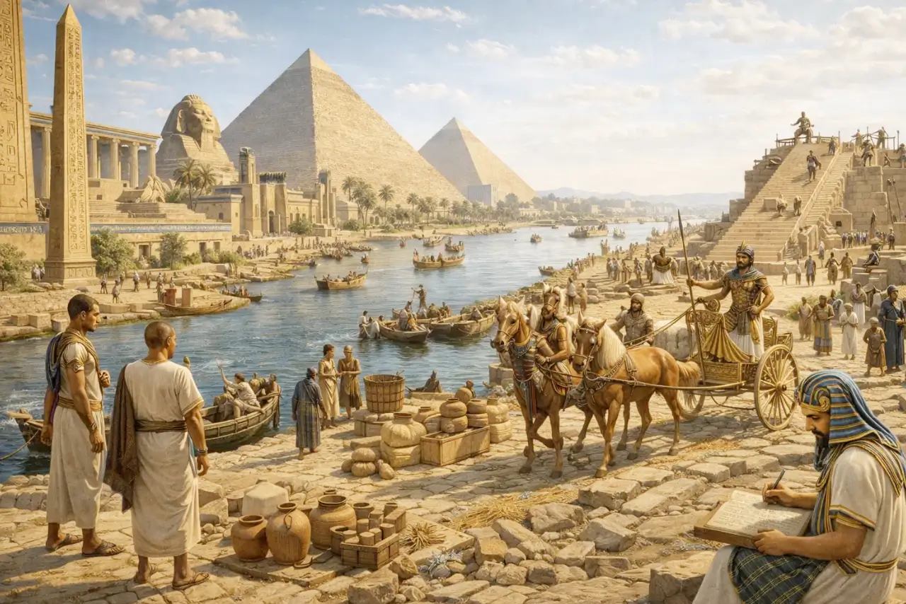 Escena del antiguo Egipto con el río Nilo, pirámides y actividad económica que refleja la centralización del poder y la organización de una civilización compleja