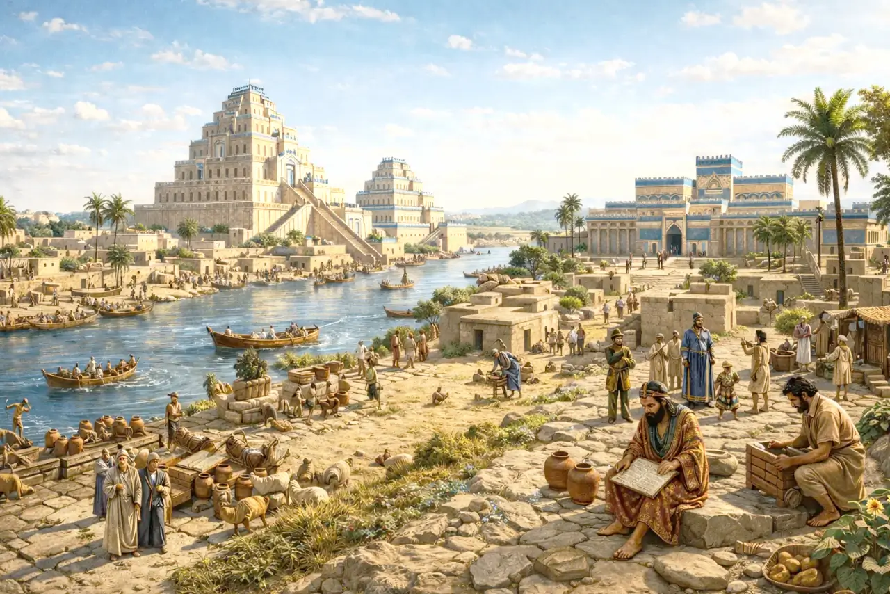 Escena de Mesopotamia con ciudad, zigurat y actividad urbana que refleja el surgimiento del Estado, la escritura y la organización social en las primeras civilizaciones