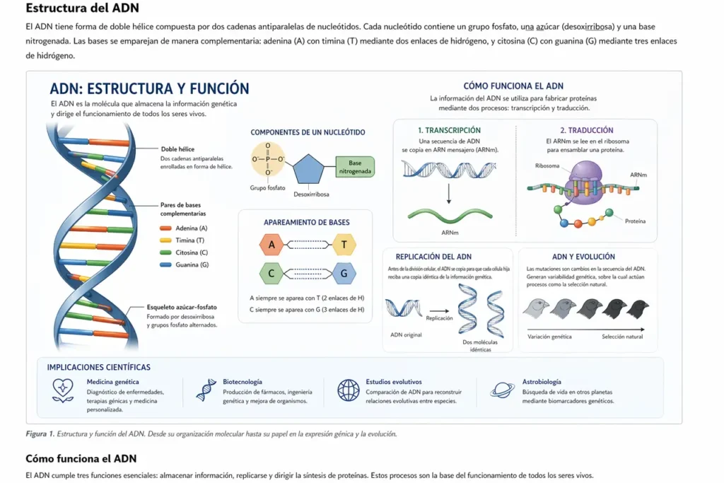 Infografía del ADN que muestra la estructura de doble hélice, los nucleótidos, la replicación, la transcripción y la traducción en la expresión genética