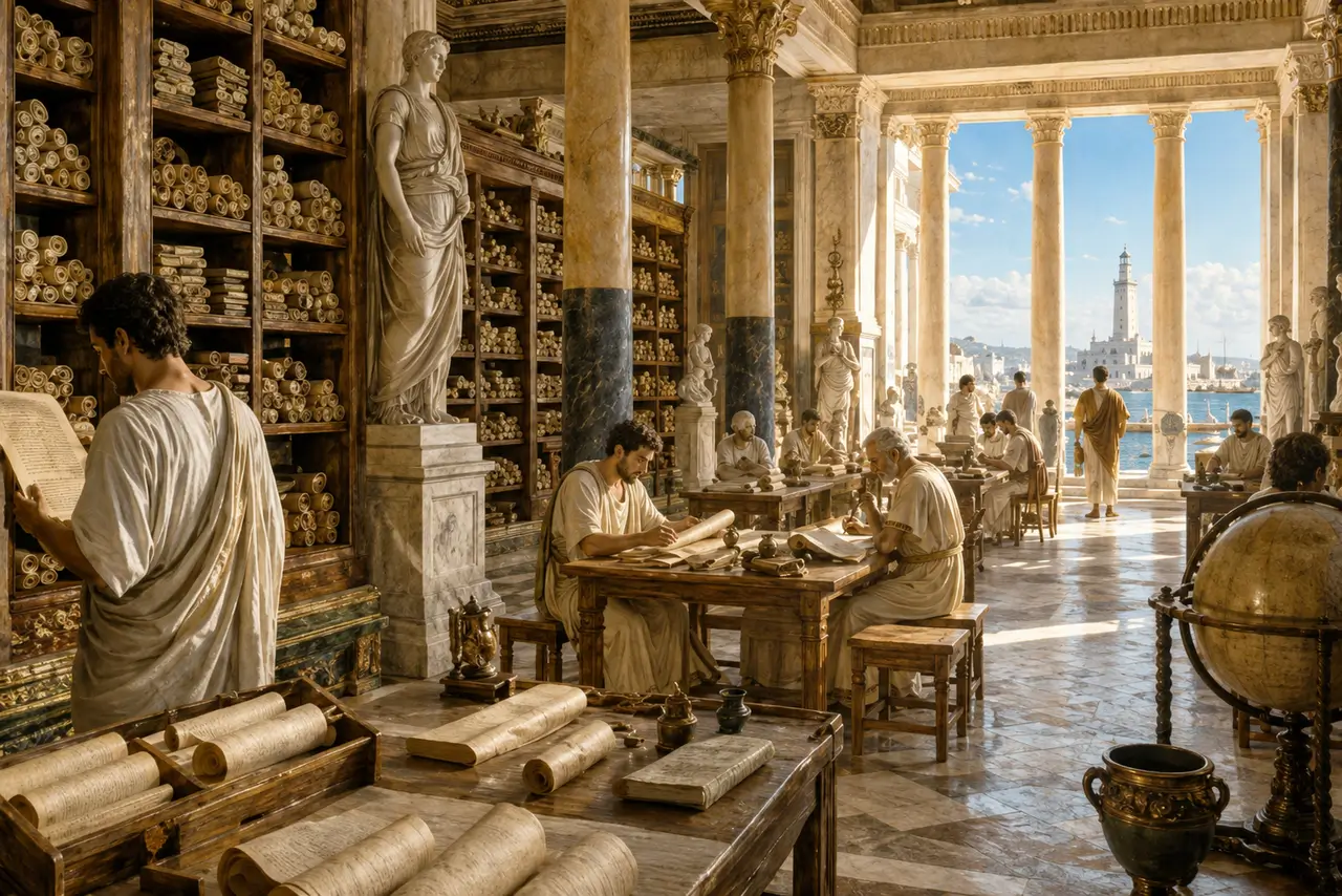 Representación de la Biblioteca de Alejandría como centro de estudio y conservación del conocimiento en el mundo antiguo con eruditos trabajando con manuscritos
