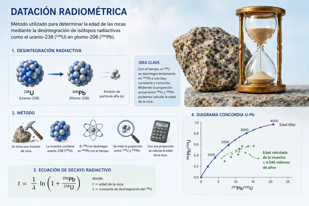 Representación de la datación radiométrica mediante desintegración de uranio-238 a plomo-206 utilizada para calcular la edad de minerales y materiales antiguos