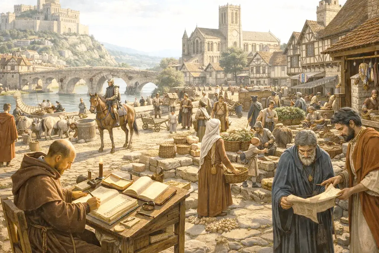 Escena de ciudad medieval con mercado, castillo e iglesia que refleja la organización social, económica y política en la construcción de Europa durante la Edad Media