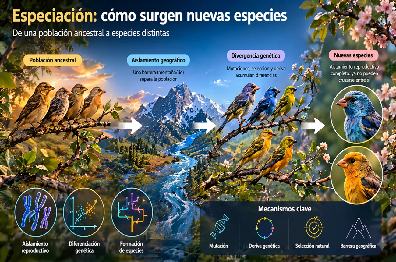 Infografía del proceso de especiación que muestra cómo nuevas especies surgen a partir de una población ancestral mediante aislamiento geográfico, divergencia genética y selección natural