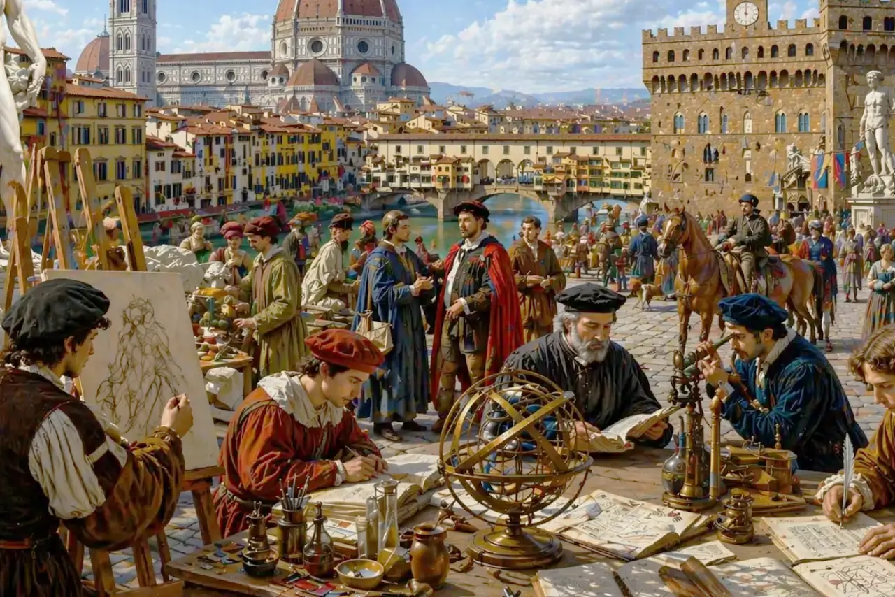 Ciudad de Florencia durante el Renacimiento con artistas, pensadores y actividad científica reflejando el desarrollo cultural y científico en Europa