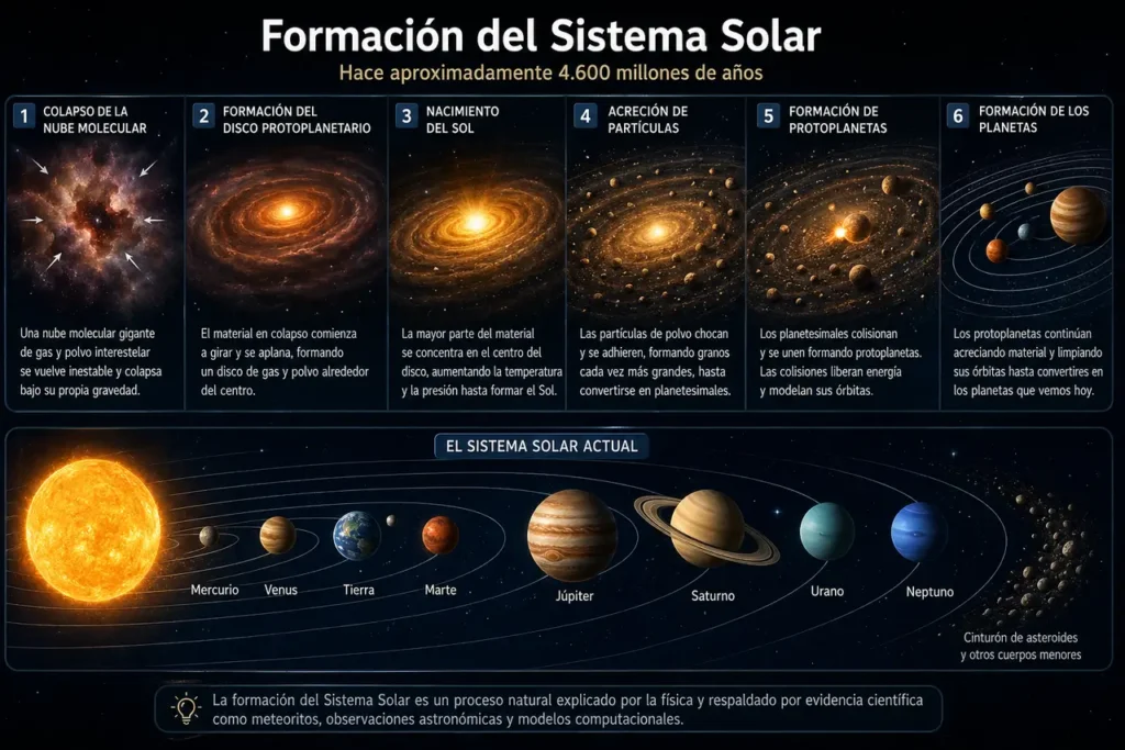 Proceso de formación del Sistema Solar con colapso de nube molecular, disco protoplanetario, nacimiento del Sol y formación de planetas mediante acreción