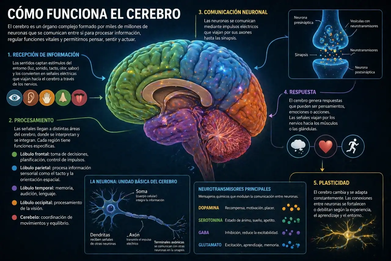 Infografía del cerebro humano mostrando procesamiento de información, sinapsis y comunicación neuronal
