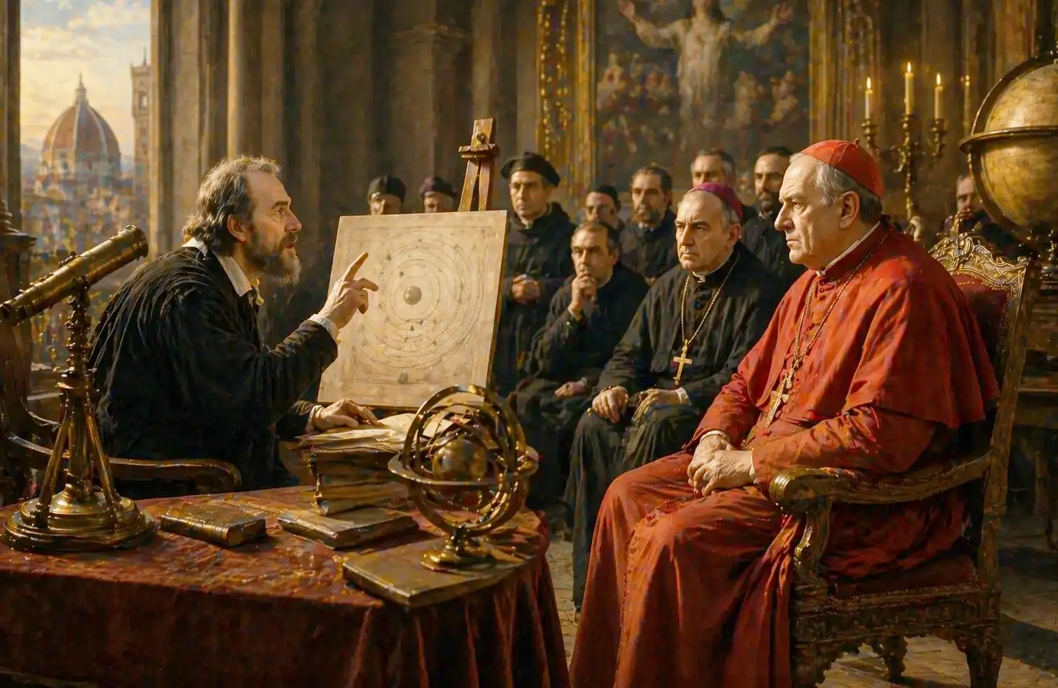 Galileo Galilei presentando el modelo heliocéntrico ante autoridades eclesiásticas durante el debate histórico entre ciencia e Iglesia en la Revolución científica