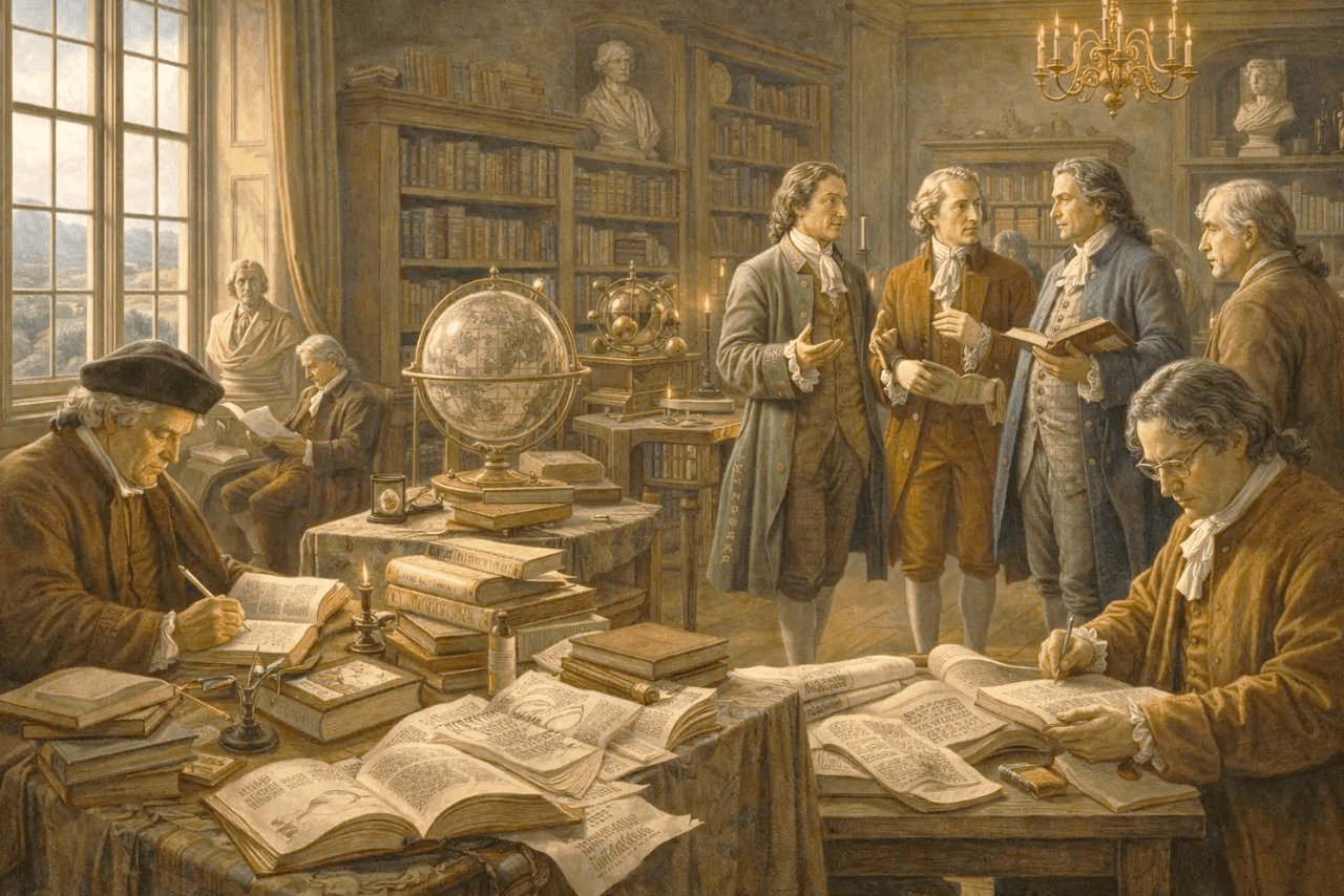 Pensadores de la Ilustración reunidos en una biblioteca debatiendo sobre razón, ciencia y conocimiento en el contexto del pensamiento moderno