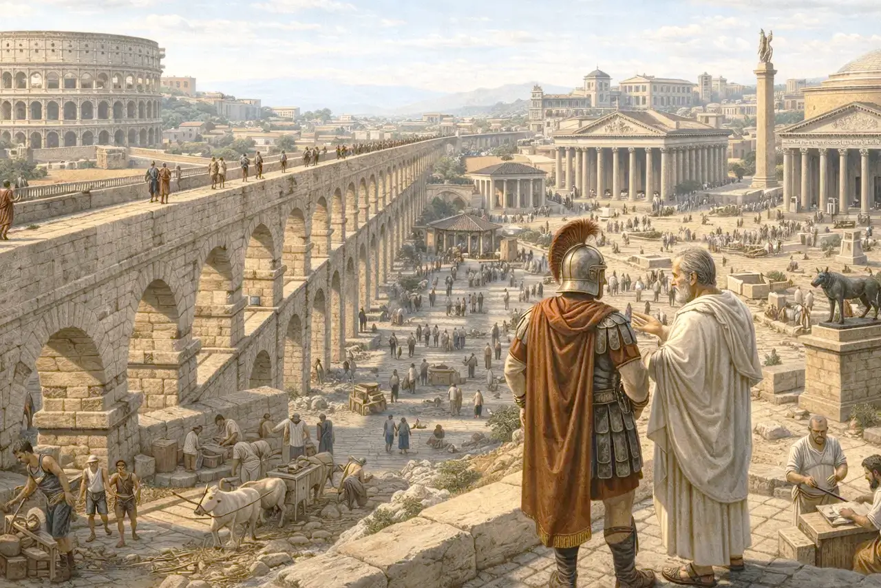 Infraestructura del Imperio romano con calzadas y acueductos que refleja su ingeniería avanzada y su papel en la expansión territorial y organización del imperio