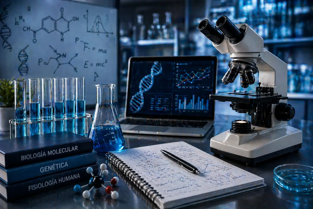 microscopio y equipo de laboratorio con analisis de datos y ADN en entorno cientifico moderno