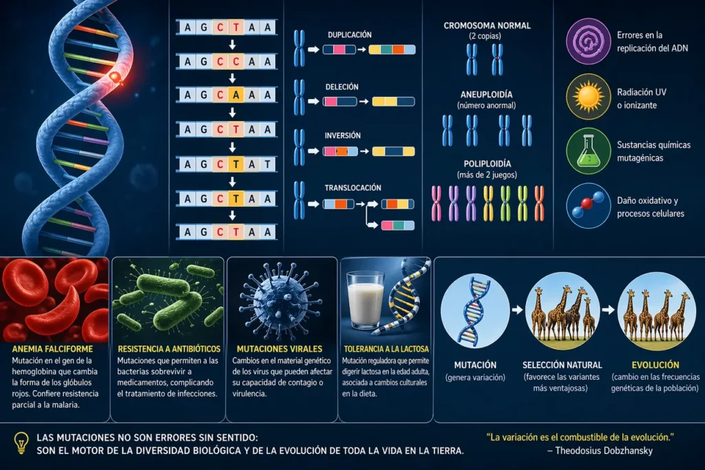 Infografía de mutaciones genéticas que muestra tipos de mutaciones del ADN, su origen, ejemplos como anemia falciforme y resistencia a antibióticos, y su papel en la evolución