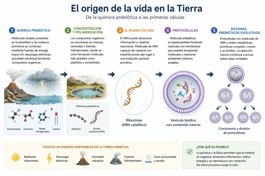 Infografía científica del origen de la vida que muestra la transición desde química prebiótica a moléculas orgánicas, mundo de ARN, formación de protocélulas y evolución temprana