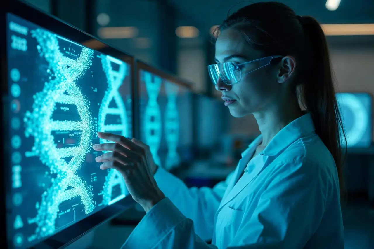 cientifico analizando datos estadisticos en pantalla con graficos representando metodo cientifico y evidencia empirica