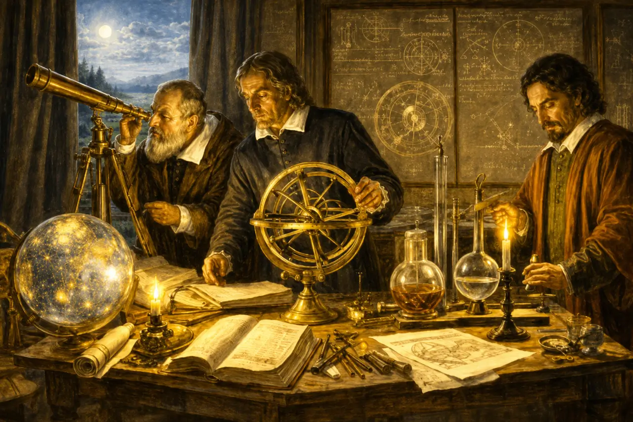 Escena de la Revolución científica con científicos aplicando el método científico mediante observación, medición e instrumentos como telescopio y aparatos experimentales