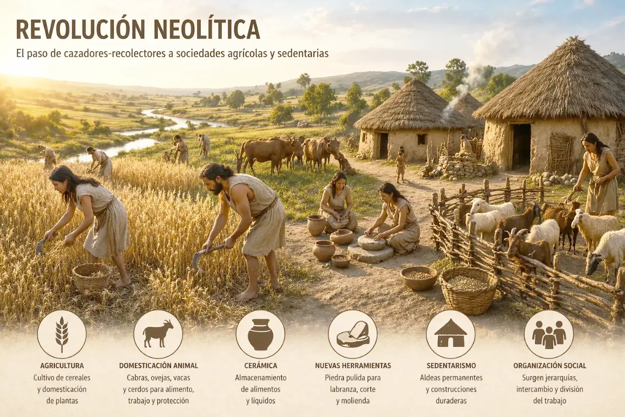 revolucion-neolitica-agricultura-domesticacion-sedentarismo-complejidad-social Infografía de la revolución neolítica que muestra la transición de cazadores-recolectores a sociedades agrícolas con domesticación de animales, sedentarismo y desarrollo social