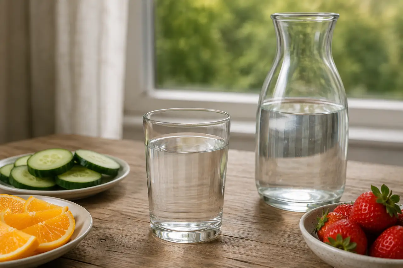 Vaso de agua junto a alimentos ricos en agua para analizar el mito de beber dos litros diarios