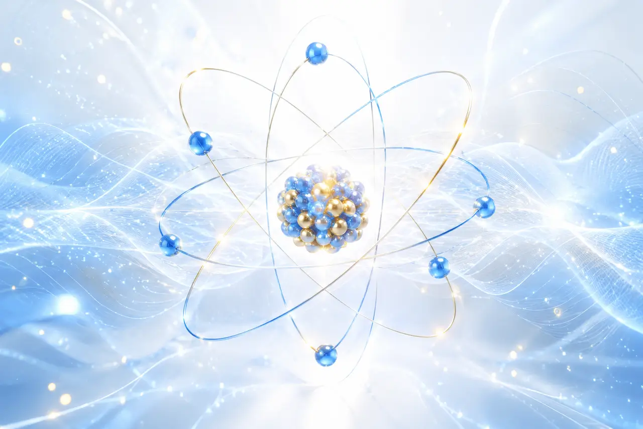 Imagen de física con átomo, órbitas electrónicas y ondas de energía.