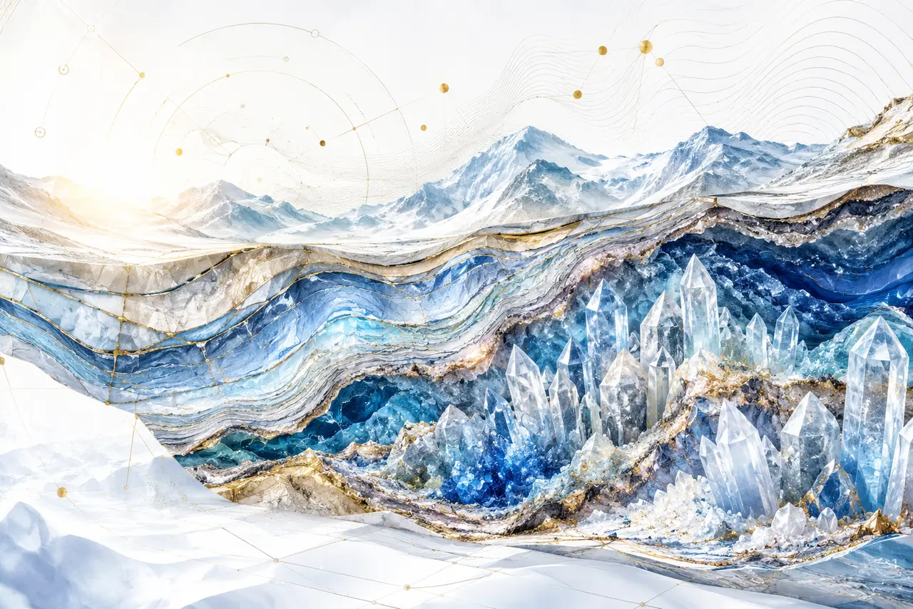 Imagen de geología con estratos terrestres, montañas, cristales y líneas topográficas.