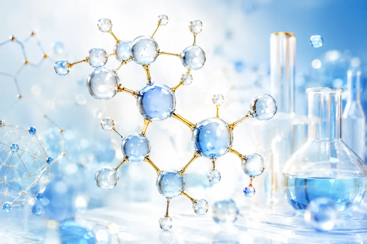 Imagen de química con estructura molecular, enlaces químicos y material de laboratorio.