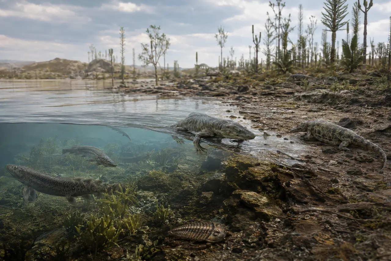 Escena paleoambiental con peces, primeros tetrápodos y vida terrestre primitiva representando la evolución de la vida