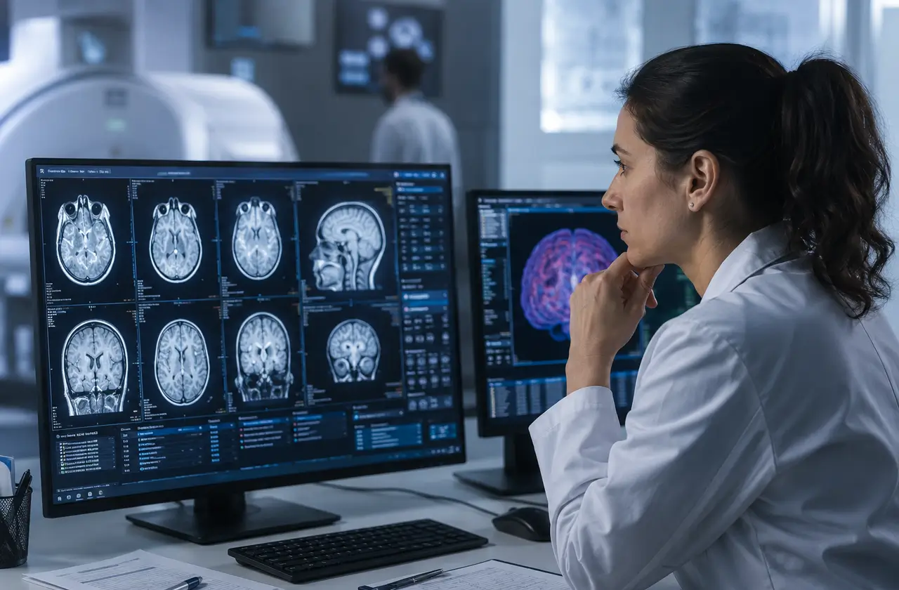 Investigadora analizando imágenes cerebrales en pantallas médicas para representar el funcionamiento del cerebro