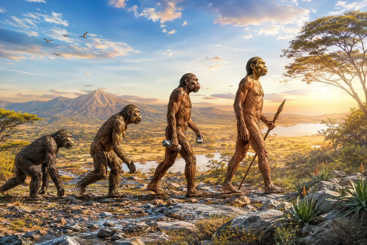 Ilustración editorial de la evolución humana temprana con varios homininos avanzando por un paisaje africano luminoso.