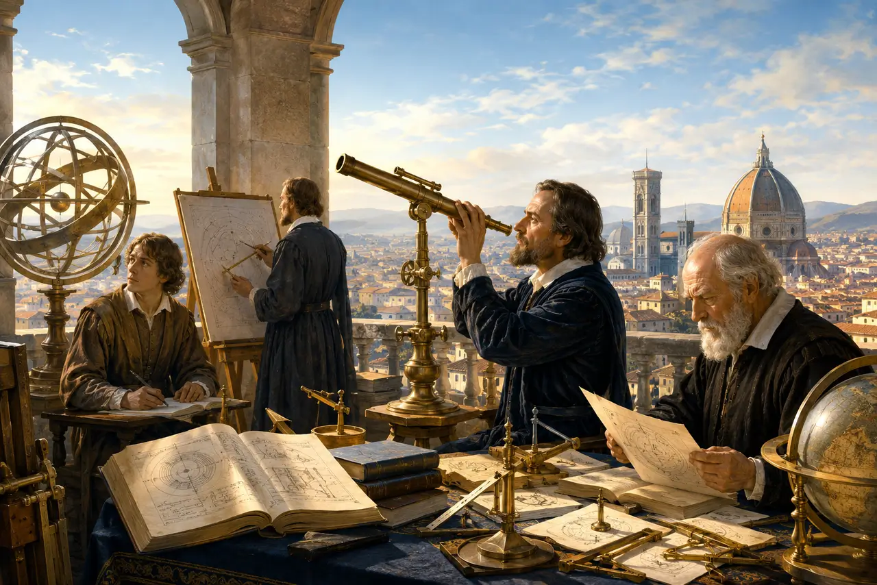 Ilustración editorial de sabios e instrumentos astronómicos durante la Revolución científica en una terraza observatorio luminosa.