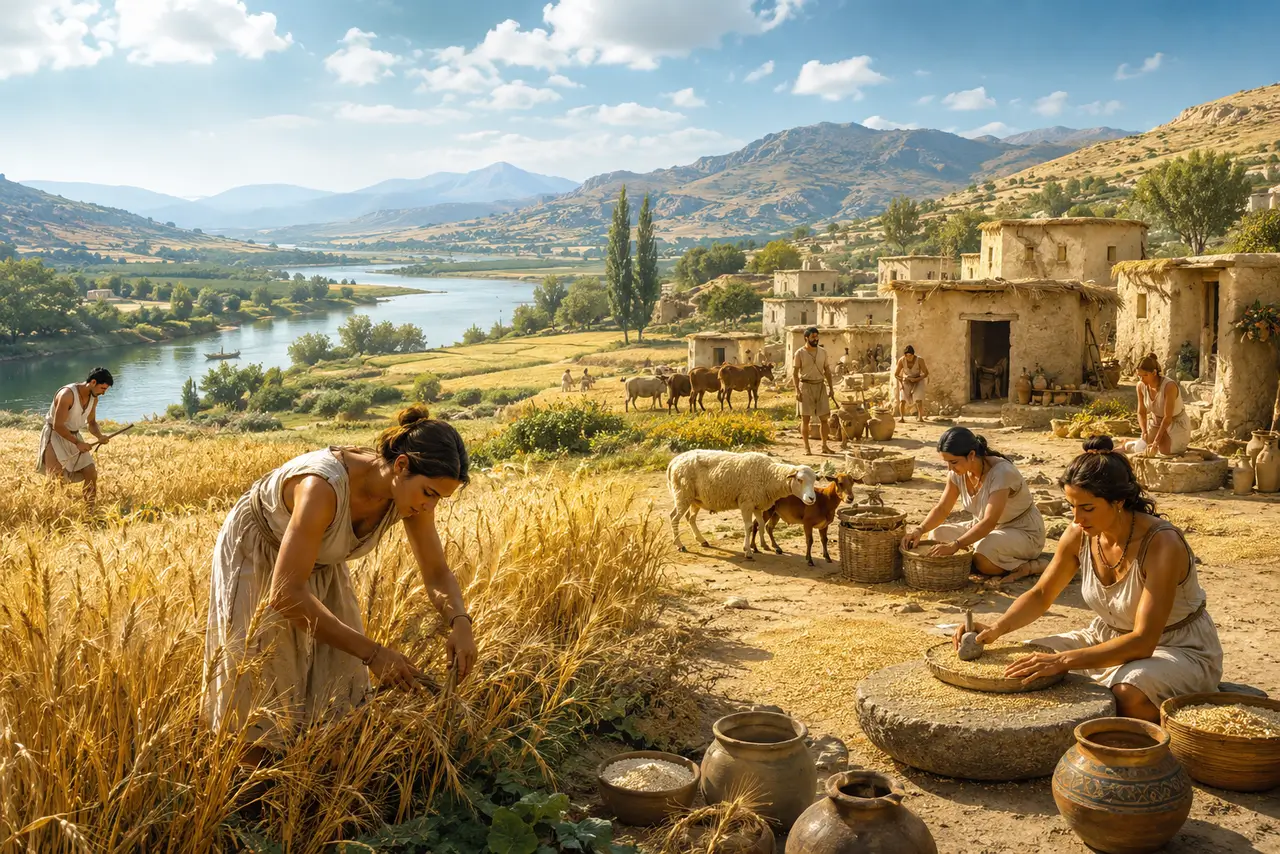 Ilustración editorial de una comunidad neolítica con agricultura, procesamiento de grano, viviendas y paisaje rural luminoso.