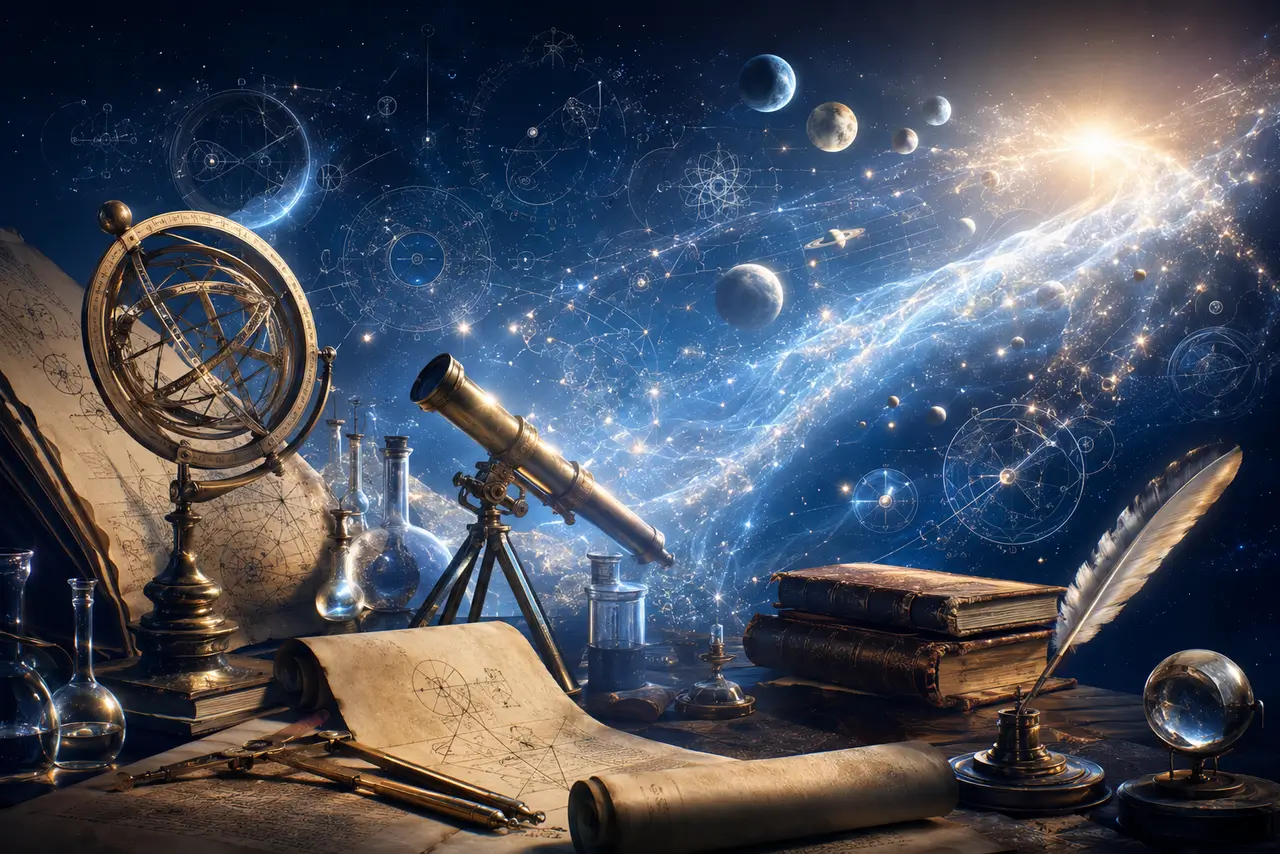 Ilustración editorial sobre la historia de la ciencia con telescopio, manuscritos, instrumentos astronómicos, libros y observación del cosmos.
