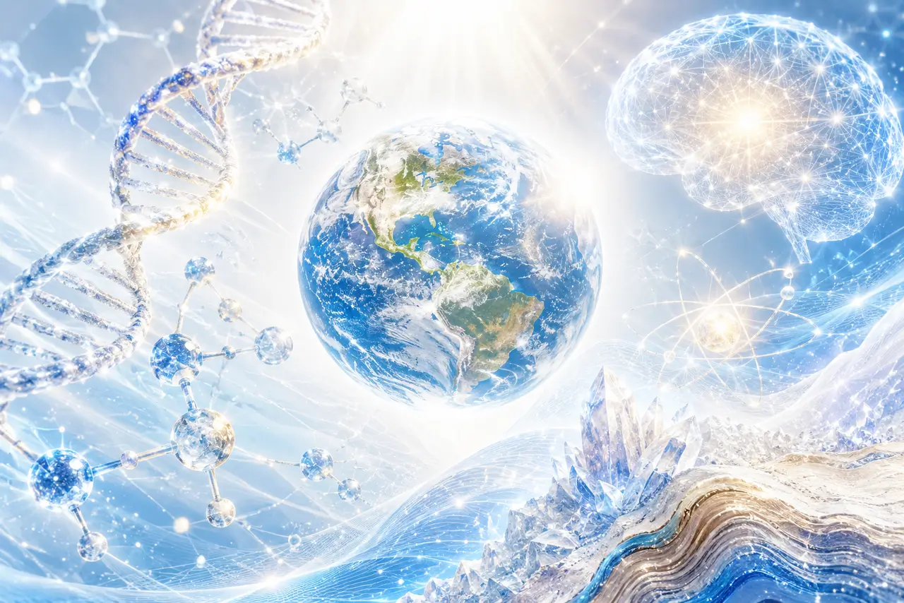 Composición luminosa sobre la ciencia con la Tierra, una hélice de ADN, un cerebro neuronal, moléculas, un átomo y formaciones geológicas cristalinas.