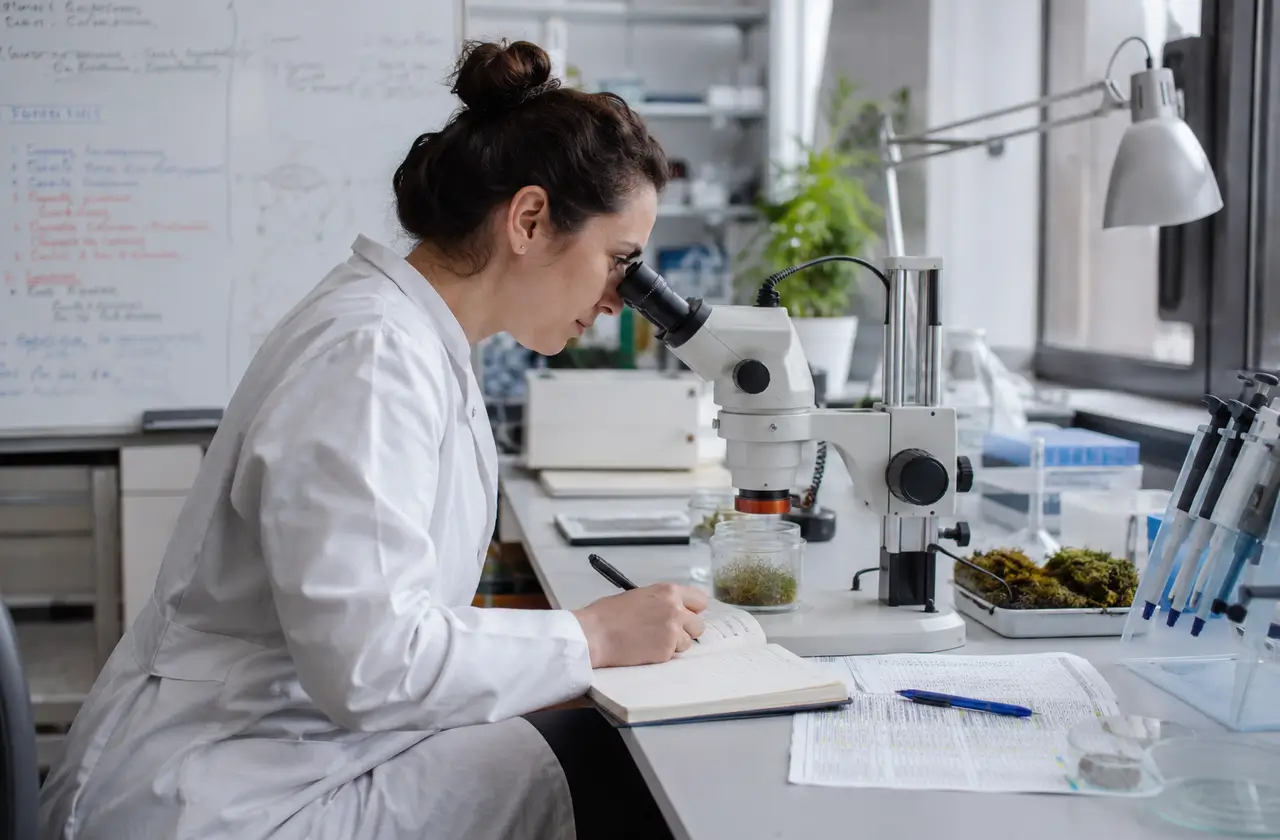 Investigadora observando una muestra al microscopio para representar el método científico y la evidencia