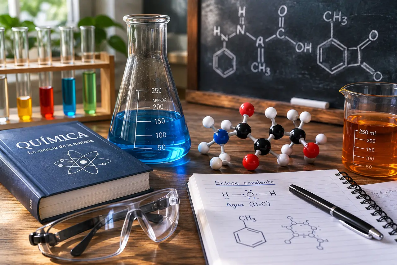 Mesa de química con modelo molecular, matraces, tubos de ensayo y material de estudio sobre enlaces químicos
