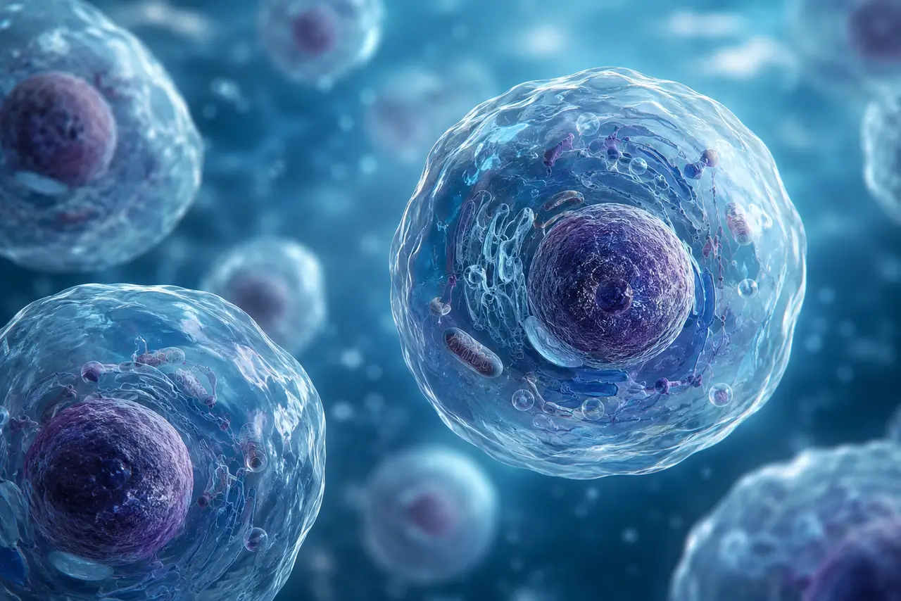 Células eucariotas vistas en una representación microscópica con núcleo y orgánulos internos