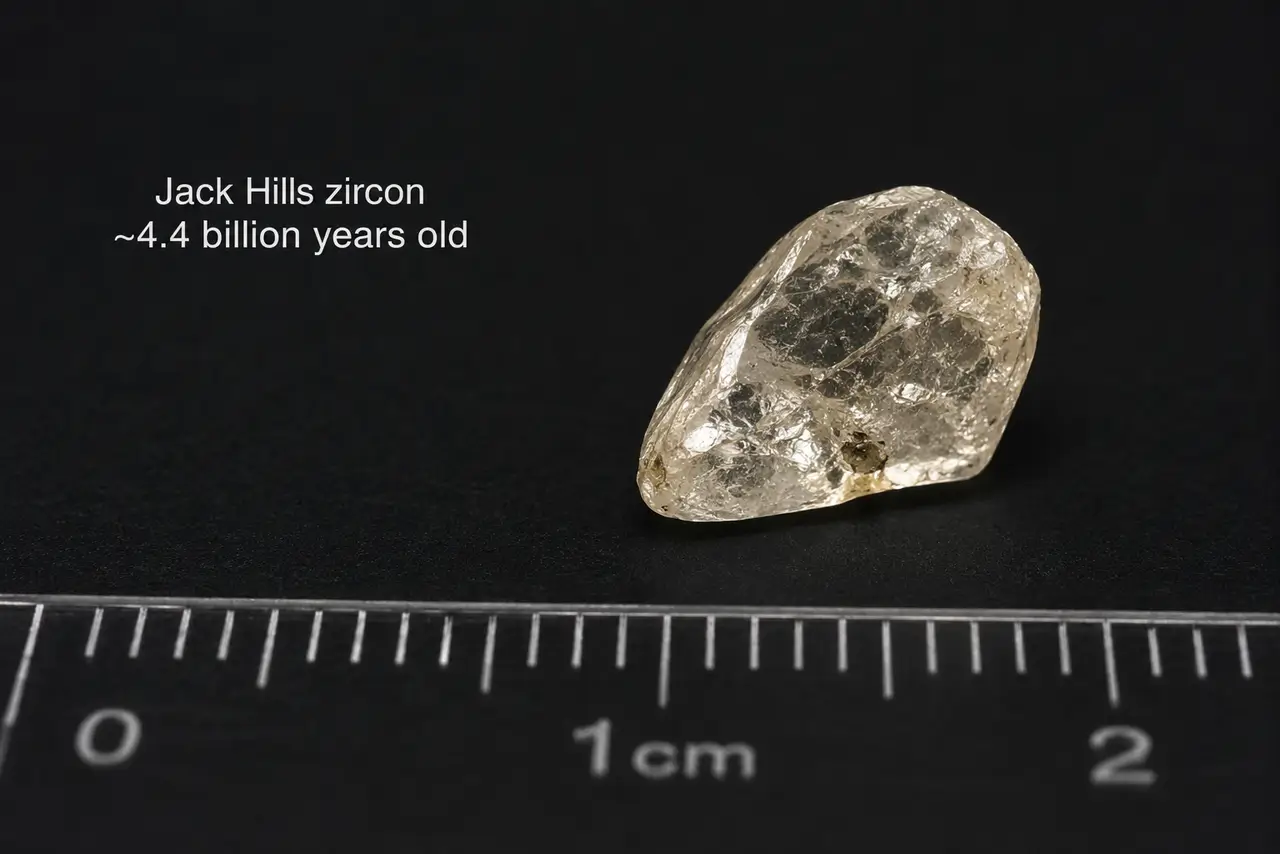 Cristal de circón de Jack Hills fotografiado en macro con escala milimétrica sobre fondo oscuro