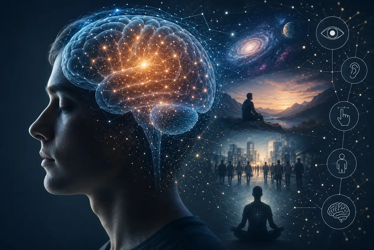 Cerebro humano iluminado con elementos visuales sobre percepción, pensamiento y experiencia consciente