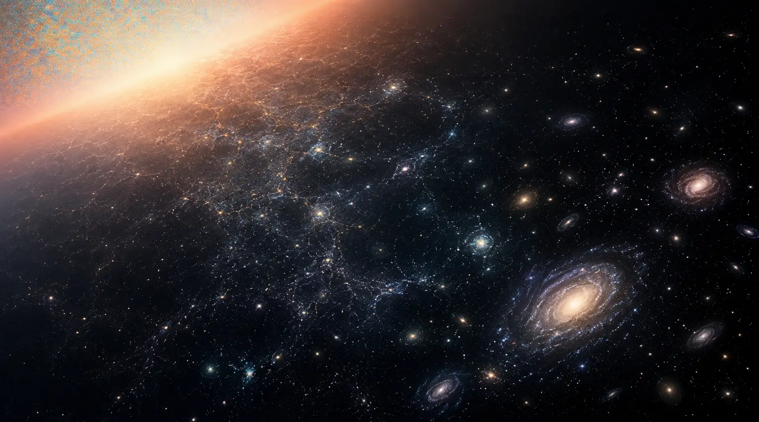 Representación del universo en evolución con galaxias, estructura cósmica y un brillo primordial en el fondo del espacio profundo