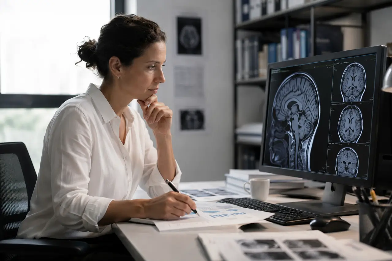 Profesional analizando imágenes cerebrales para explicar cómo el cerebro toma decisiones