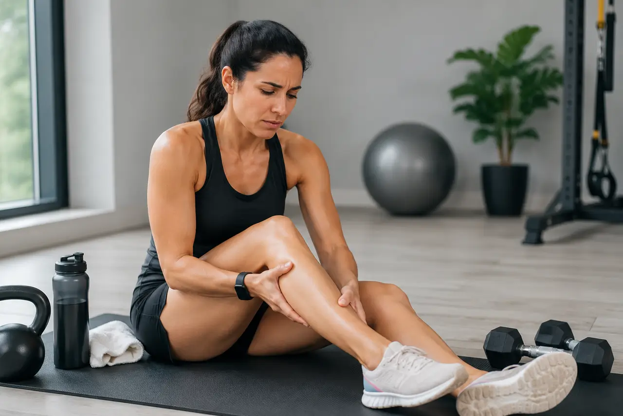 Mujer revisando dolor en la pierna después de entrenar para explicar las agujetas