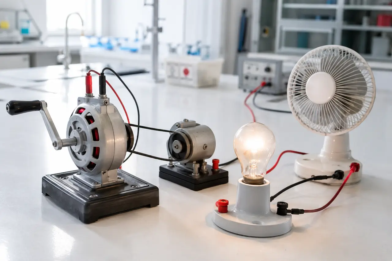 Montaje de laboratorio con generador manual, bombilla encendida y ventilador para representar transformaciones de energía