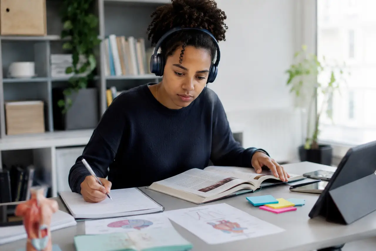 Estudiante revisando materiales de estudio con gráficos, notas y auriculares para explicar el mito de los estilos de aprendizaje