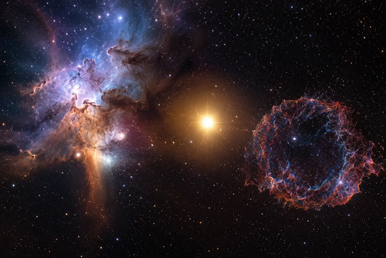 Nebulosa de formación estelar con una estrella brillante y restos de una supernova en un campo profundo de estrellas