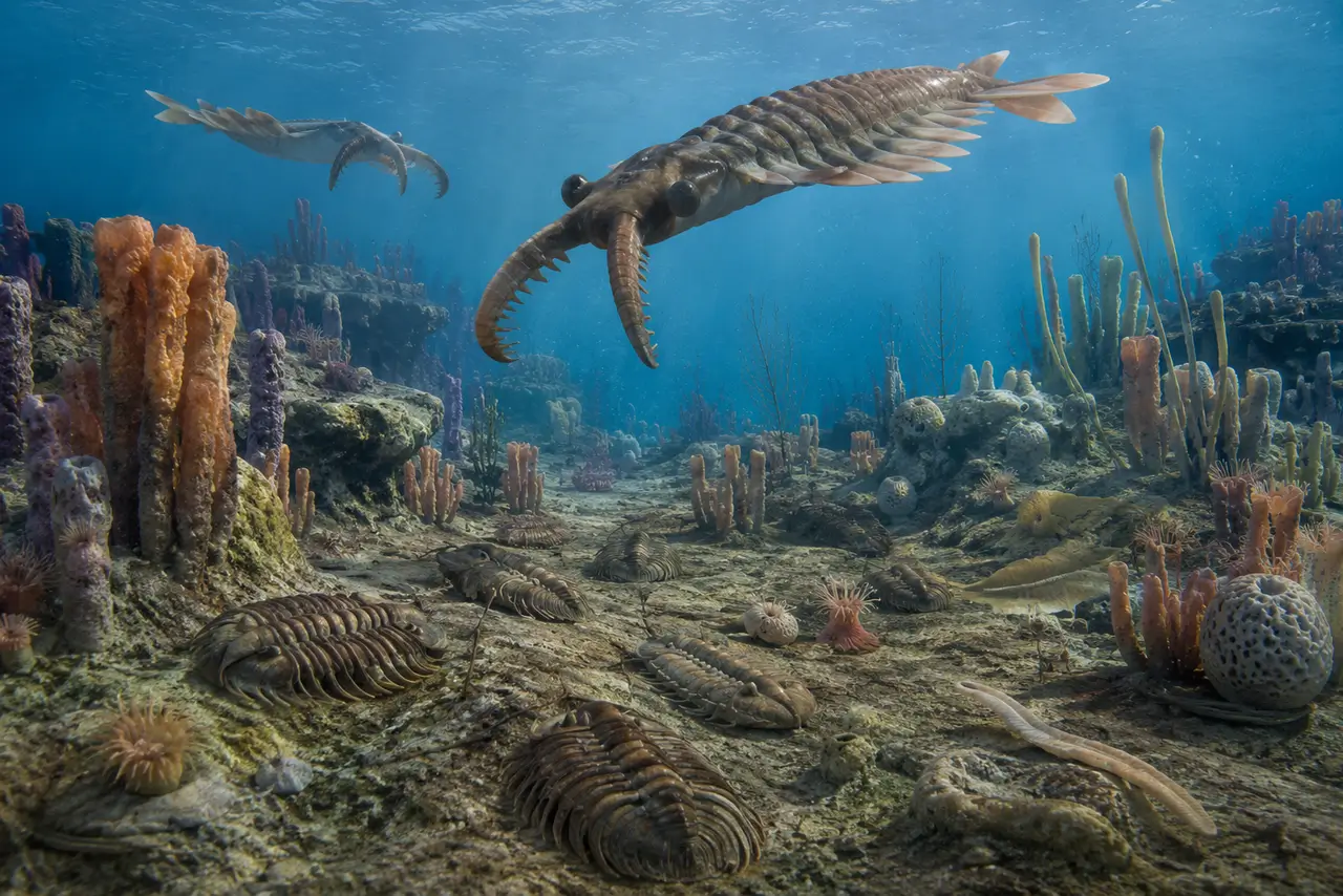 Recreación científica de un ecosistema marino del Cámbrico con trilobites, anomalocáridos, esponjas y organismos primitivos
