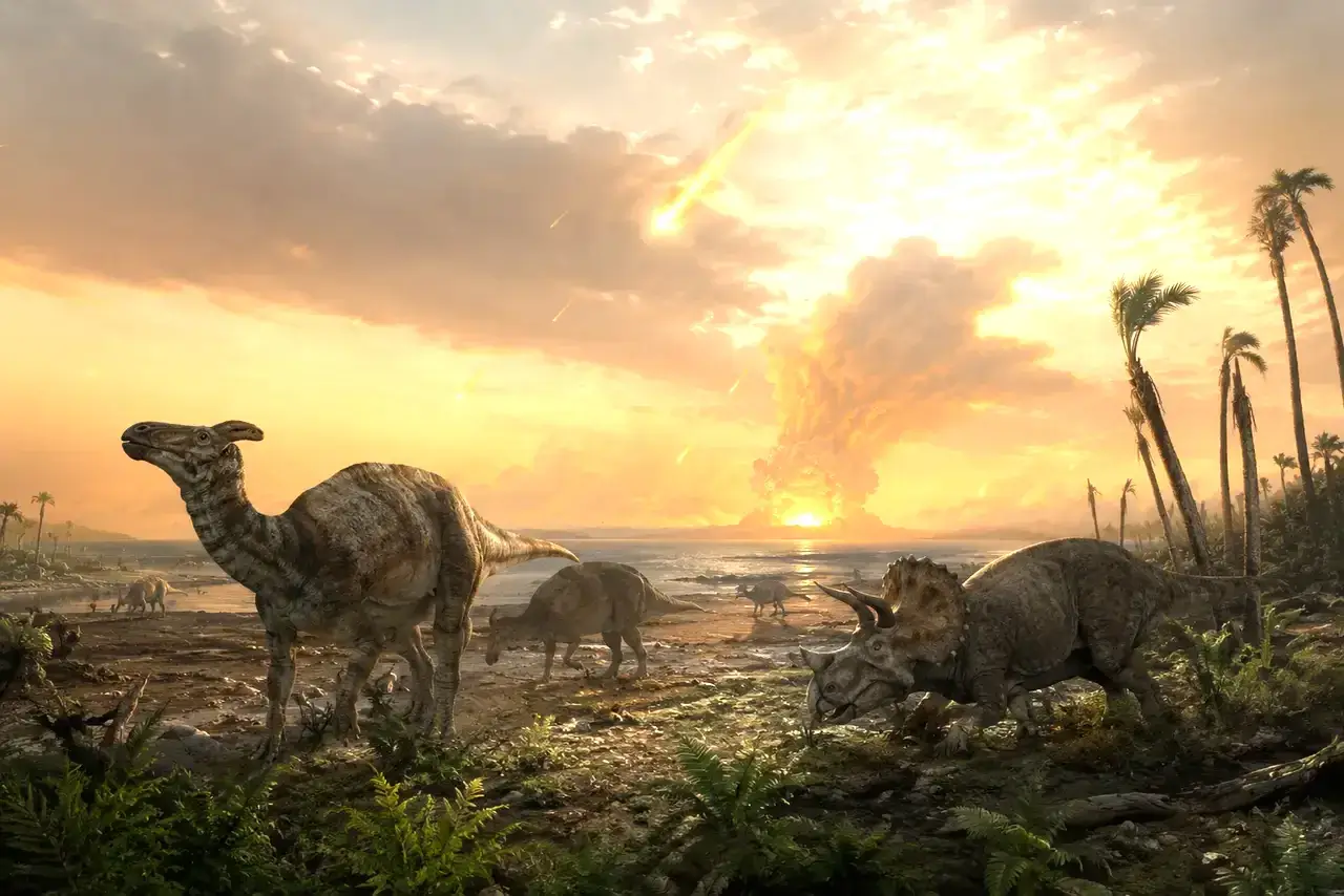 Dinosaurios en un paisaje prehistórico con impacto de asteroide, cielo alterado y vegetación costera durante una extinción masiva