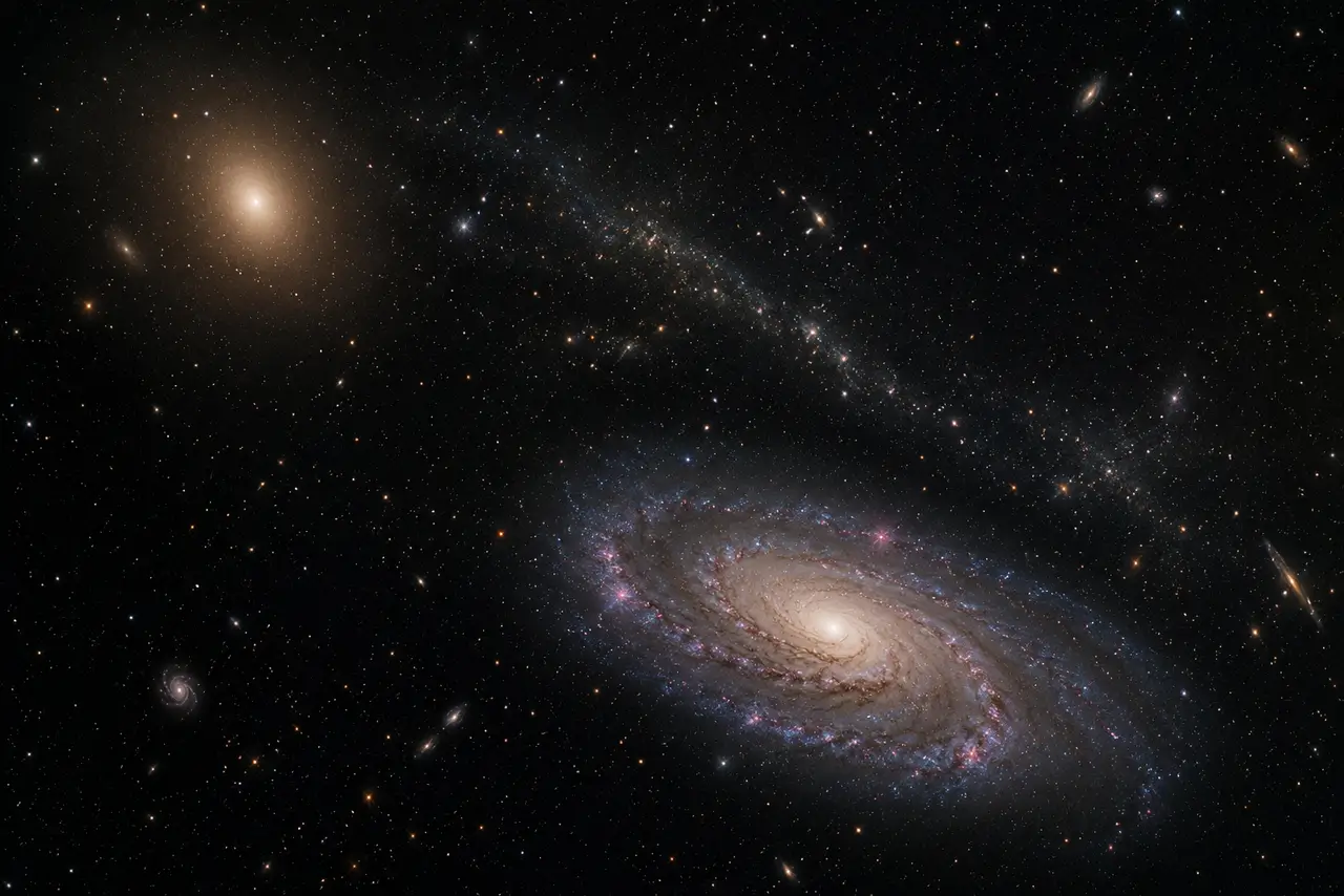 Galaxia espiral rodeada de estrellas, galaxias lejanas y estructuras cósmicas en un campo profundo del universo