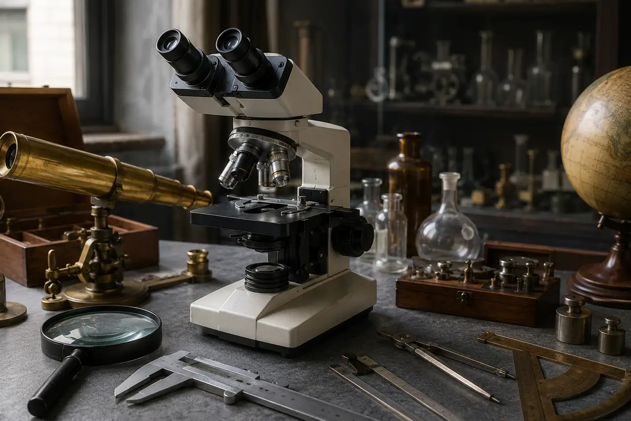 Microscopio y otros instrumentos científicos de observación y medición sobre una mesa de trabajo en un entorno de laboratorio
