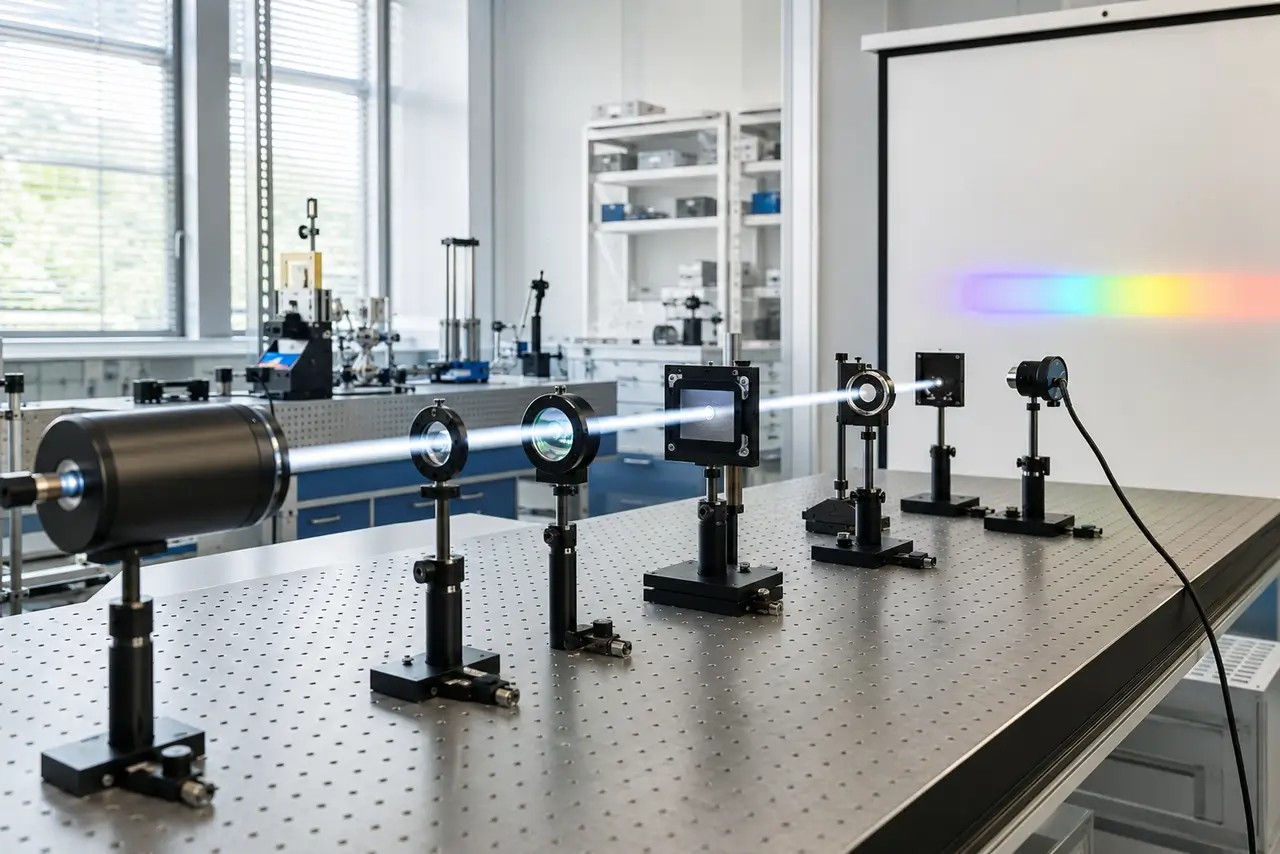 Banco óptico de laboratorio con haz de luz atravesando lentes y proyectando un espectro visible sobre una pantalla