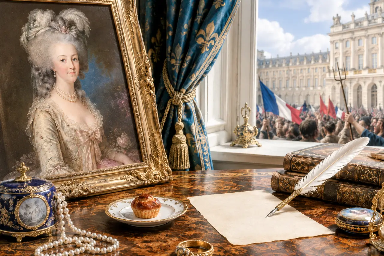 Retrato aristocrático con brioche y escena revolucionaria para analizar el mito de María Antonieta