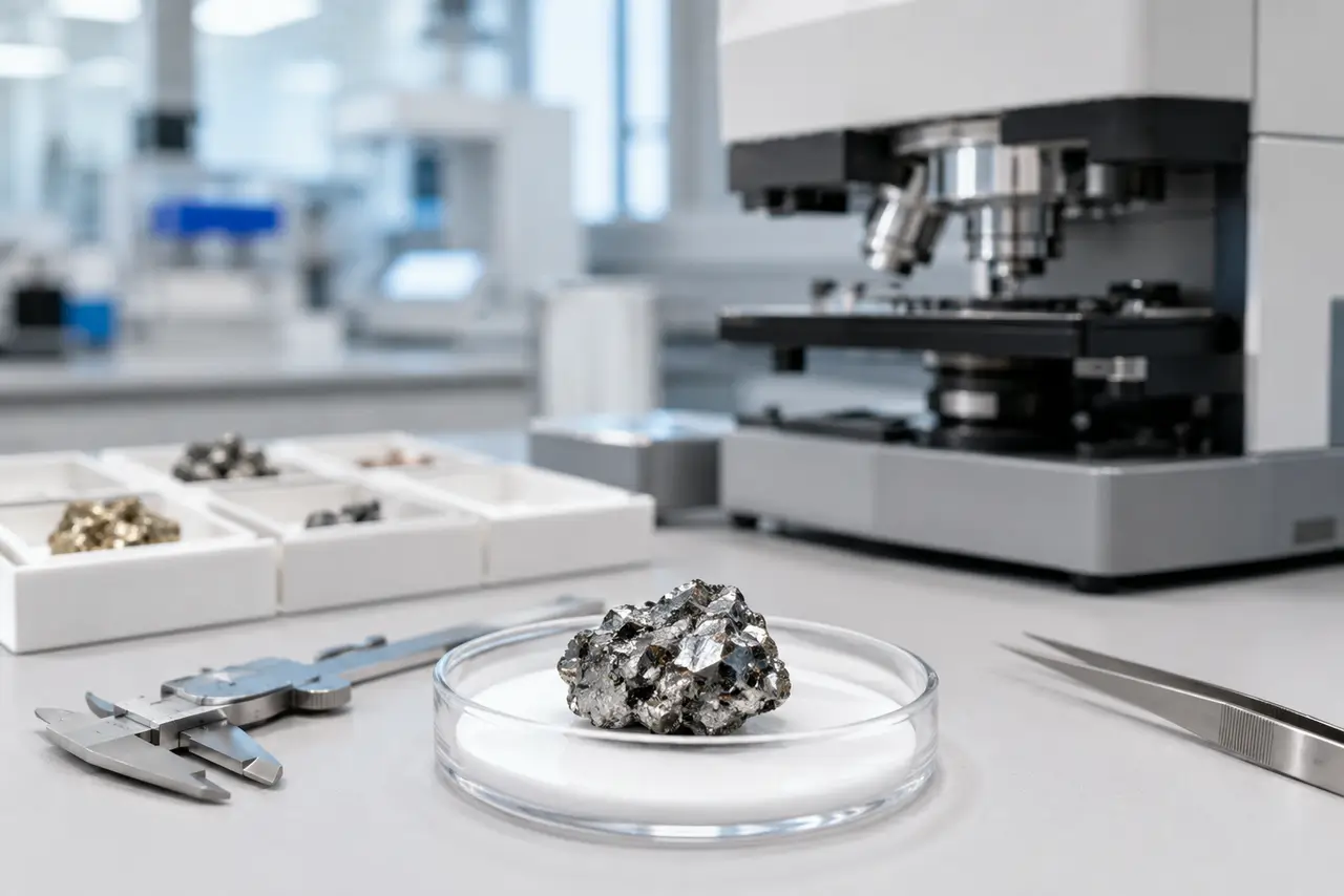 Muestra mineral metálica en placa de laboratorio junto a microscopio e instrumentos de análisis de materiales